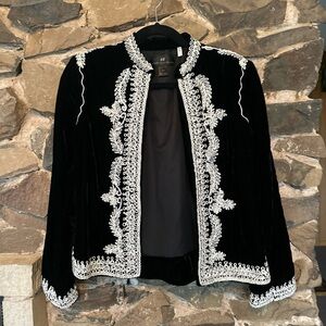 Black and white velvet jacket with Baroque embroidery details